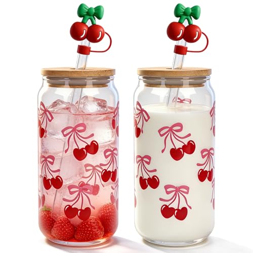 Mason Life Cherries Bows Glass Cups, 2Pcs 18OZ Cherry Decor Iced Coffee Cups, Coquette Cute Tumbler, Valentines Day Gift, Pink Preppy Stuff for Teen Girls, Birthday Gift for Women Her