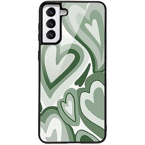 LALAPOPO for Samsung Galaxy S21 Green Love Heart Case for Women Girls, Cute Phone Cover Tempered Glass Back Cover Soft TPU Bumper Shockproof Case Trendy Cover for Galaxy S21 5G 6.2“ 2021 Cover