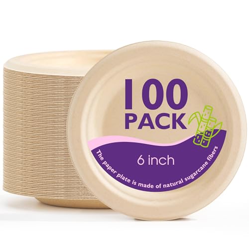 PACKINNO 6 Inch 100 Pack Compostable Paper Plates, Biodegradable Heavy Duty Disposable Plates, Round Unbleached Brown Plates Made from Natural Sugarcane Fibers, for Party, Camping, Picnic
