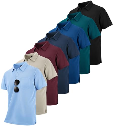ZITY 7 Pack Mens Polo Shirts with Pocket Moisture Wicking Short Sleeve Outdoor Golf Athletic Work Multipack Shirts