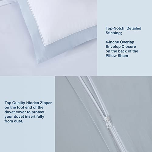 100% Long-Staple Cotton Duvet Cover Set (1 Duvet Cover, 2 Pillow Shams), From Luxury Bedding Brand Thecotton&Silk, King Size, White + Misty Blue #TOP2