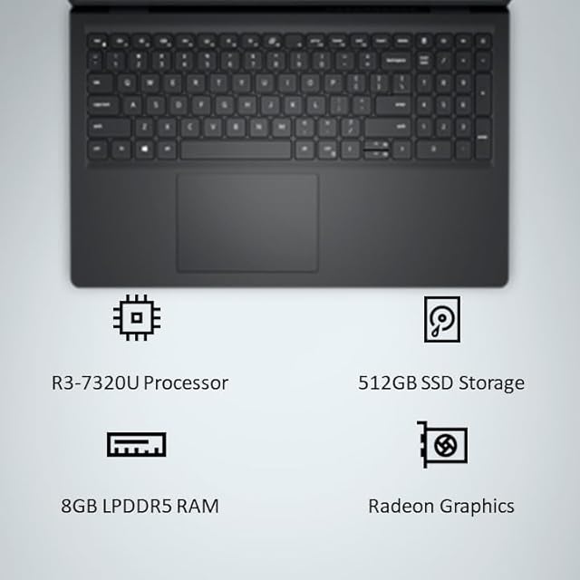 Dell 15, AMD Ryzen 3 7320U Processor (8GB RAM / 512GB SSD/Windows 11 + Office H&S 2024 + M365 / 15.6"(39.62 Cm) FHD Display / 12 Month Mcafee/Black Color/ 1.63 Kg/Thin & Light Laptop view 2