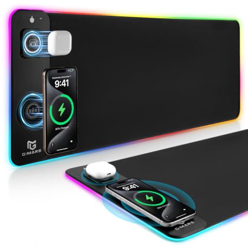 Image of Gimars Upgrade 3 in 1 RGB Mouse Pad with 15W Magnetic Fast Wireless Charging, 31.5x11.8x0.16in Gaming Mousepad, 15 Color Modes, Waterproof Non-Slip XXL Desk Mat with Smooth Surface for Home Office PC