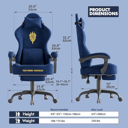 Image of Soontrans Blue Velvet Fabric Gaming Chair with Footrest, Ergonomic Comfortable Video Gamer Chair for Adult, Reclining Office Computer Desk Game Chairs with Massage Lumbar Cushion,Headrest