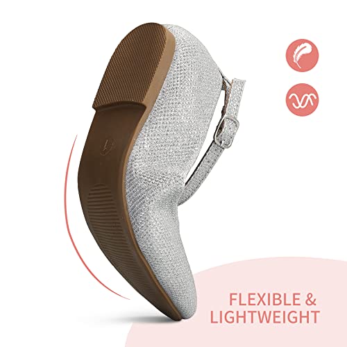 K Komforme Girl's Ballerina Flat Ankle Strap Dress Ballet Flat Shoes (Toddler/Little Kid/Big Kid) For Wedding Party School Silver Glitter #TOP3