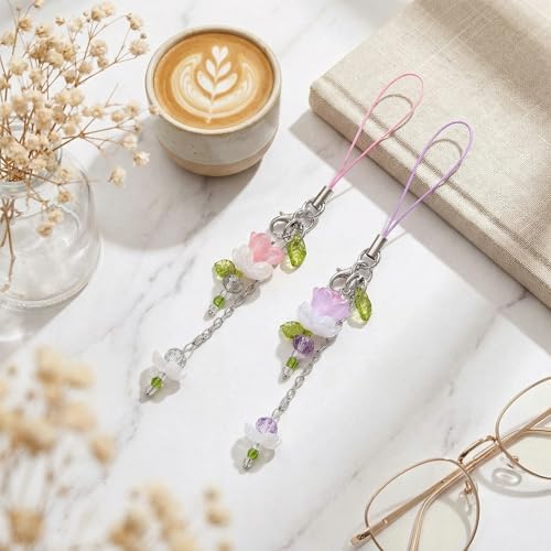 Qulkws 2 Pcs Flower Phone Charm Blue & Pink Lotus Flower Phone Strap Cute Beaded Flowers Phones Strap Y2K Accessories Handmade Decor for Keychain TelePhone Camera Bag — view 5