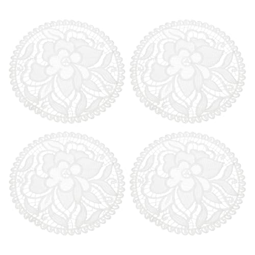 QUARKZMAN 4 Pcs Encajes para Mesa, Mantelitos Redondos De Encaje De 8 Pulgadas, Posavasos De Encaje De Ganchillo Hechos A Mano para Cocina Comedor Bodas, Blanco Y Peonía