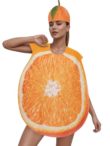 QTLUOYE Women Men Halloween Fruit Slice Costume Funny Fruits Vegetable Outfit with Hat Adults Unisex Cosplay Party (A-Orange One Size)