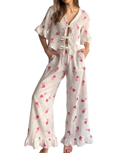 Image of codcm Womens Cotton Pajama Set Ruffle 2 Piece Tie Front Shirt and Long Pants Cute Printed Sleepwear