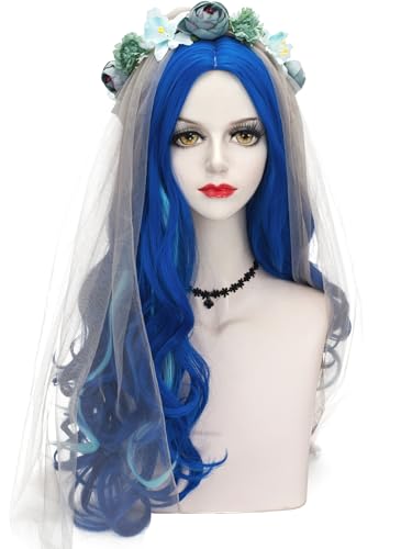 Half and Half Corpse Cosplay Bride Costume Wig 29'' Long Curly Dark Blue Wave Wigs + Veil + Flower Crown + Wig Cap for Women Halloween Party