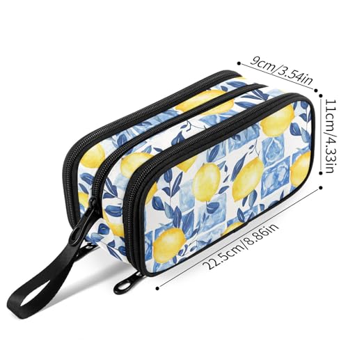 Image of Fustylead Watercolor Lemons over Blue Tiles Large Pencil Pen Case Stationery Bag 3 Compartments School College Office Organizer