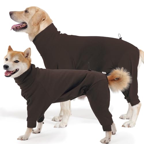 Hjyokuso Hundemantel Winter, Warmer Fleece Hundepullover mit Beinen, Weiche Vierbeinige Hundejacke für Kleine & Mittelgroße Hunde, Hundebademantel Fleece Hunde Pyjama Bekleidung Braun XL