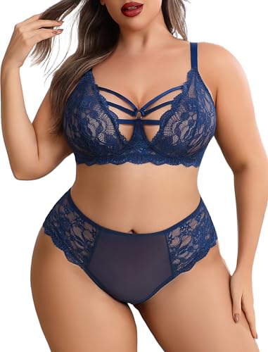 Avidlove Plus Size Lingerie Set for Women Lace Bra Panties Set 2 Piece Lingerie Navy Blue