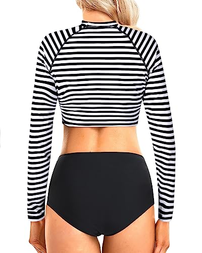 Pinup Fashion Women Long Sleeve Bathing Suits Two Piece Swimsuit Black And White Stripe Rash Guard Top With High Waist Short Tankini Set Uv Upf 50+ #TOP1