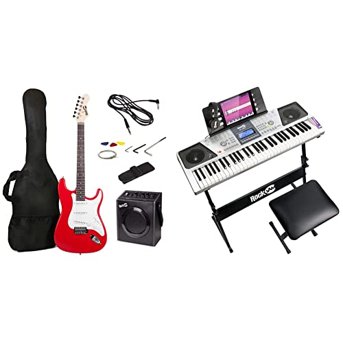 RockJam Kit de guitare électrique complet avec ampli de guitare 10 watts, leçons, sangle – Rouge & Ensemble de de piano 61 touches RockJam avec banc de piano numérique, support de piano électrique - Les Beatles, Paul McCartney, John Lennon, RIngo Starr, George Harrison RockJam Kit de guitare électrique complet avec ampli de guitare 10 watts, leçons, sangle - Rouge & Ensemble de de piano 61 touches RockJam avec banc de piano numérique, support de piano électrique