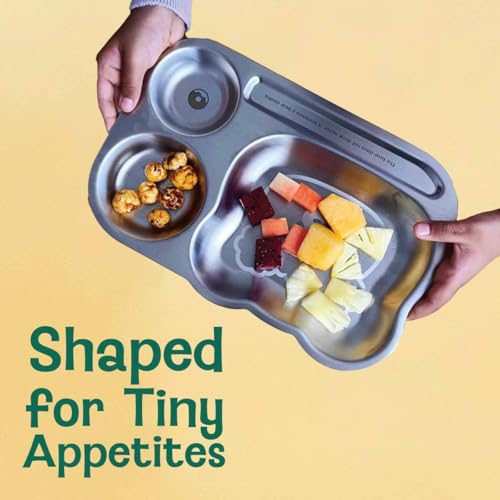 Image of Basil Stainless Steel Plate for Kids - Kids Plates for Food with 3 Compartments - Dinner Plates for Baby - Unbreakable Dinner Plates - Ideal for Birthday, Return Gifting - Funky Dinner Tiger Plate