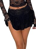 Women Lace Mini Skirts Summer Elastic Ruffle Layered Hem Sexy A-line Flowy Beach Floral Fairycore Skirts Underskirt (D-Black, M)