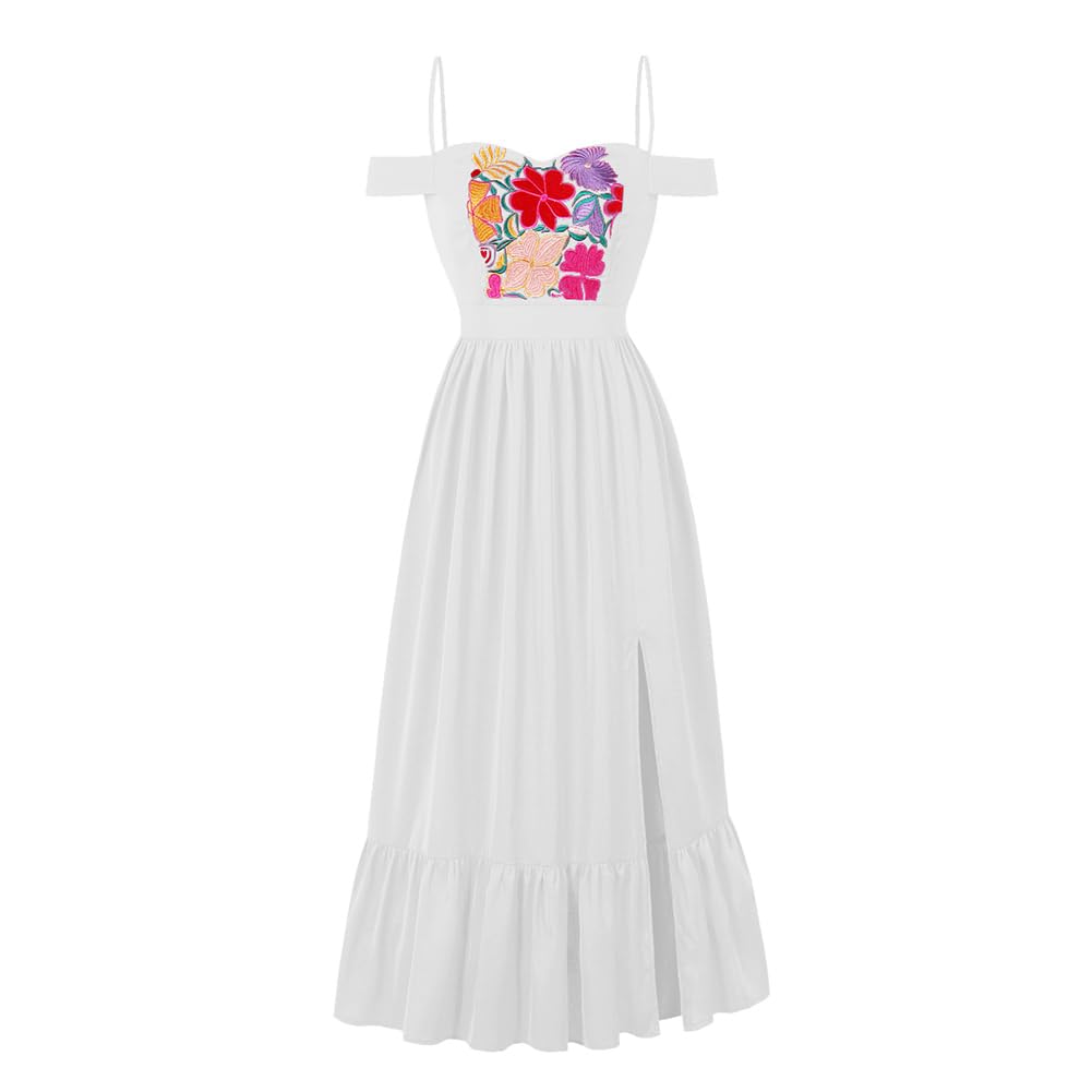 IDOPIP Vestido Mexicano Mujer Tradicional, Folklórico Cinco de Mayo Verano Largo Hombros Descubiertos Bordado Maxi Floral Volantes Ranura Maxi para Festival Bohemia Vacaciones Playa