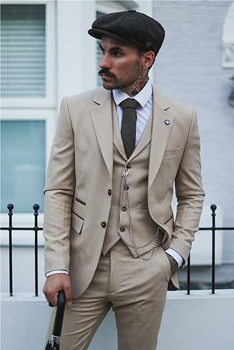 Mens 3 Piece Suit Prince of Wales Check Cream Beige Tailored Fit Vintage Wedding2