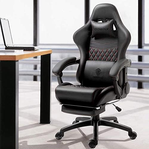 2. Bild von Dowinx Gaming Stuhl Bürostuhl Ergonomischer PC-Stuhl mit Massage Lendenwirbelstütze, Racing Stil PU Leder Hohe Rückenlehne Verstellbarer Drehsessel mit Fußstütze (Schwarz & Rot) 60 cm x 39 cm x 145 cm
