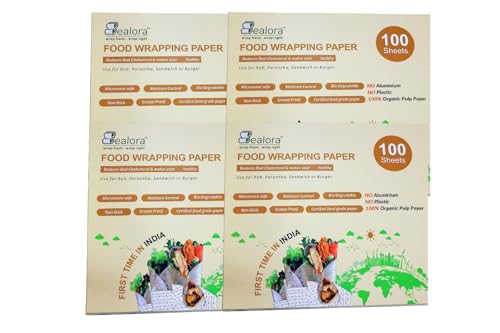 Image of 100 Sheet Food Wrapping Paper Sheets for Roti, Paratha, Sandwich & Burger | 100% Organic Wood Pulp, Biodegradable, Oil & Grease Resistant, Non Stick, Microwave & Oven Safe | Pack of 4