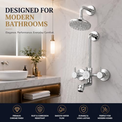 Image of iRiS Full Brass Wall Mixer Tap with Overhead Shower System Set | 100% Brass Bathroom Faucet with 125mm Long Bend Pipe | Chrome Finish Wall-Mounted Hot & Cold Water Mixer