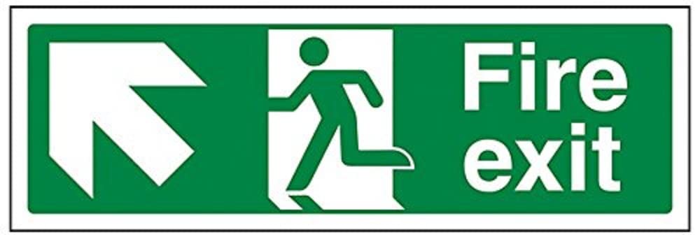V Safety Fire Exit Arrow Up Left Sign - 300mm x 100mm - 1mm Rigid Plastic