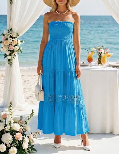 Image of ZESICA Women's 2026 Summer Boho Maxi Dresses Strapless Off Shoulder Lace Flowy A Line Beach Vacation Long Sundress