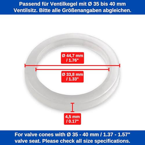 Ersatz Dichtung für Badewannenstöpsel, 3 Stück, aus Silikon, in Transparent, Dichtungsring mit Doppeldichtung, Größe außen Ø 44,7 mm, innen Ø 33,8 mm, Ventilkegel Dichtring Badewanne, Stöpseldichtung