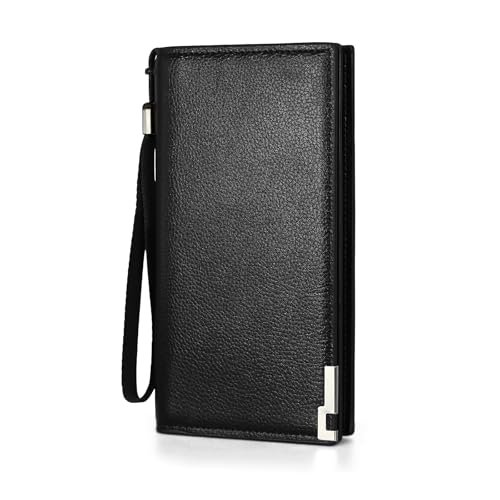 Wallet for Men, Long PU Leather Business Wallet Minimalist Credit Card Holder with Multi Slot and Zipper Pocket (Black, One Size)