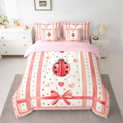 Image of Cute Ladybug Comforter Set 7 Pcs Polka Dots Heart Graffiti Girly Bedding Sets Watercolor Pink Stripes Bowknot Bed in a Bag with Comforter Flat Sheet Fitted Sheet 2 Pillowcases 2 Pillow Covers,Full