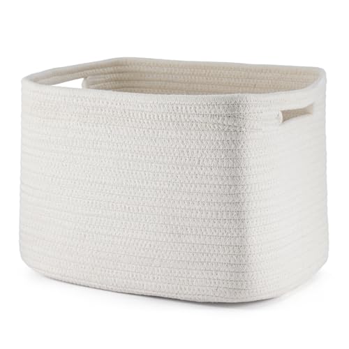 GreenWhim Cotton Rope Storage Baskets Woven Organiser Bins for Shelves, Bathroom or Nursery, Fabric Baskets for Toys, Towels, Books, Laundry, Living Room Decor, White