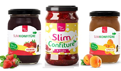 CleanFoods Sin azúcar 54-59 calorías mermelada I mermelada de frutas I 1xfresa 1xalbaricoque 1xfrutas del bosque 230-235g I libre de ingeniería genética I solo 54-59 calorías por 100g l Vegano