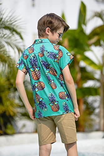 Kids Boys Size 6Y 7Y 8Y Shirts 3D Print Cute Yellow Pineapple Green Leaves With Sunglass Short Sleeved Collar Button Down Hawaiian Luau T-Shirt Funny Summer Beach Swim Casual School Play Clothing #TOP4