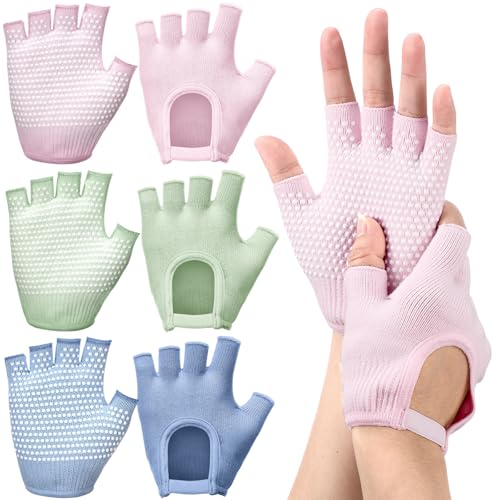 Shyyween 3 Pairs Silicone Grip Yoga Gloves Non Slip Fingerless Pilates Gym Workout Gloves for Women Men One Size Fits Most Comfortable and Breathable(Pink Green Light Blue 3 Pairs)