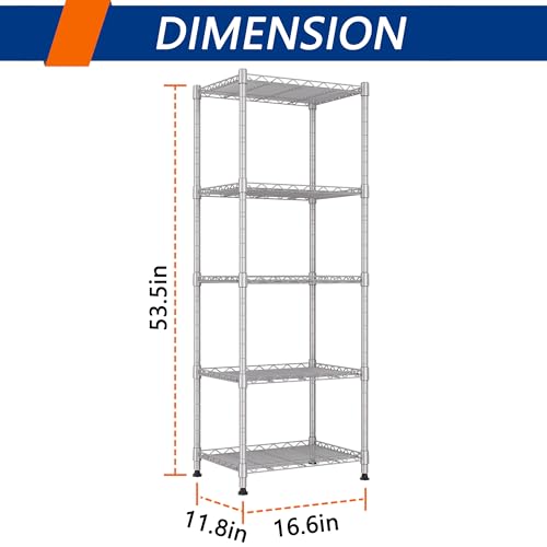 Image of REGILLER 5-Wire Shelving Metal Storage Rack Adjustable Shelves,Standing Storage Shelf Units for Laundry Bathroom Kitchen Pantry Closet(Silver,11.8 inch D x 16.6 inch W x 53.5 inch H)