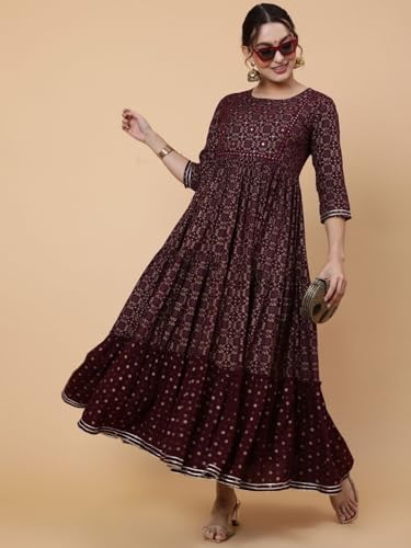 Image of Women Rayon Regular Fit Floral Printed Mirror Work Tiered Anarkali Kurta