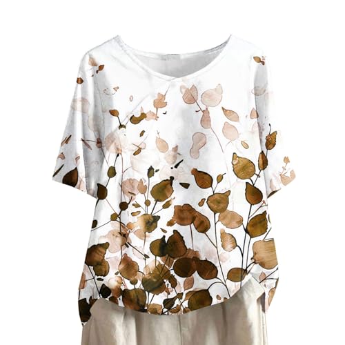 Ybing Blusa de lino para mujer con estampado de flores 3D, camiseta de muselina suelta, blusa de lino de algodón y lino, elegante con cuello redondo, camiseta de talla grande, camiseta fina de manga
