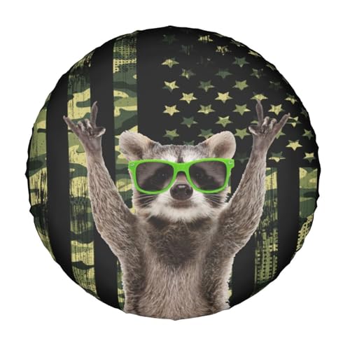 Image of Camo American Raccoon Spare Tire Cover for Rv Trailer Camper Truck SUV - Cute Raccoon Animal Wheel Protectors Cover Waterproof Fabric for Travel Camping Outdoor,Universal Fit,17 inch