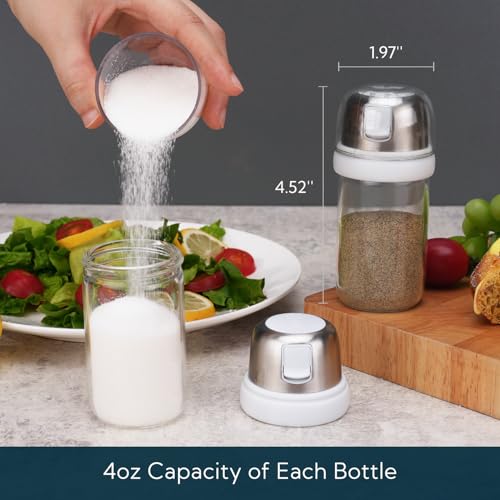 Image of KTCHENDAO 2 in 1 Glass Salt and Pepper Shaker with Side Pour Spout, Built-in Lid for Moisture-proof, Elegant Borosilicate Glass Salt Pepper Dispenser set for Kitchen, BPA Free, 4oz (White)