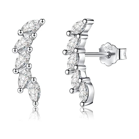 Sterling Silver Stud Earrings for Women, Oval Cubic Zirconia Curve Climber Vine Leaf Shaped 5 CZ Cluster Cartilage Earrings Upper Ear Helix Piercing Tragus studs for Girls Gifts, Silver Cover