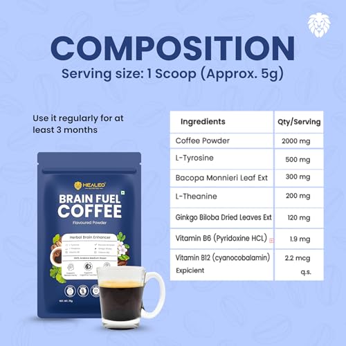Image of Healeo Brain Fuel Coffee 75g - Herbal Brain Enhancer with L-Tyrosine, L-Theanine, Bacopa, Ginkgo Biloba, B6 & B12 - Enhances Memory, Focus, Clarity - 100% Arabica Medium Roast - No Jitters
