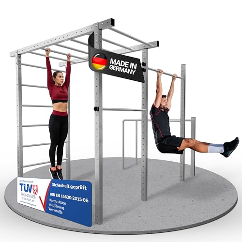 TOLYMP Outdoor Fitnessturm Cross mit Hangelleiter, Monkey Bar & Klimmzugstange/Kraftstation für Outdoor-Workout/Kraftraining im eigenen Garten/Fitnessgeräte für zuhause