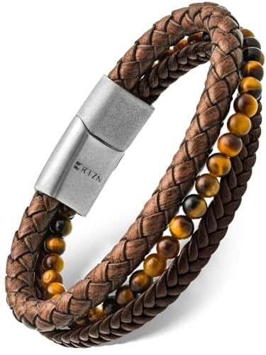Black Braided Leather, Stainless Steel, Tiger's Eye & Agate Bracelet
