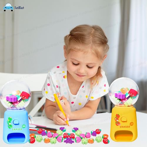 Image of FunBlast Machine Eraser Set - 15 Pcs Fruit Shaped Eraser Dispenser Toy, Mini Kawaii Erasers for Kids, Fancy Erasers for School & Office, Stationery Supplies, Birthday Return Gift for Kids (Pack of 3)