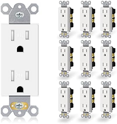 Duplex Receptacle Electrical Outlet, 15A Standard Residential Grade Tamper-Resistant, 2 Pole 3 Wire, Self-Grounding, Child Proof, Commercial Use, UL Listed, White, 10 Pack