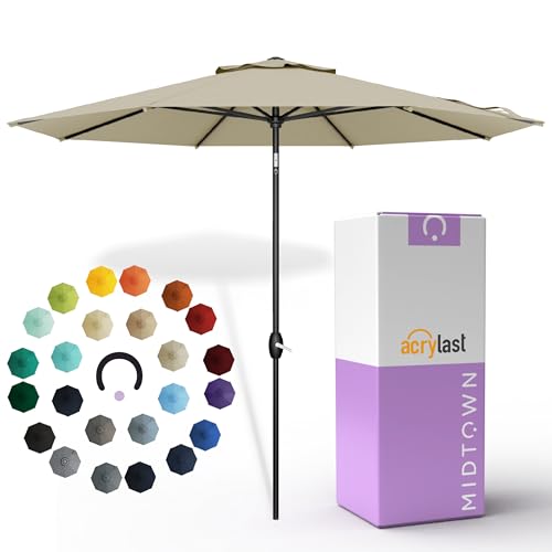 Image of Midtown Umbrellas - The Lean 10 Ft Patio Umbrella with 10-Year-No-Fade Acrylast Acrylic Fabric, Auto-Tilt and 8 Reinforced Ribs for Deck, Pool, Garden, Hotel & Cafes - Sahara Canopy, Black Pole