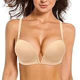 YANDW Damen Tief V-Ausschnitt Gepolstert Push up BH Convertible Plunge mit transparenten Trägern Add 2 Cup BHS Nude,85E