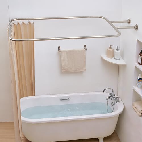 Yampos Square Hoop Shower Curtain Rod for Clawfoot Bathtubs - 48 x 24 (122 x 61cm) Brushed Nickel Heavy Duty Steel with 24 Hooks & Ceiling Mount Freestanding Tub Accessories for Bathroom
