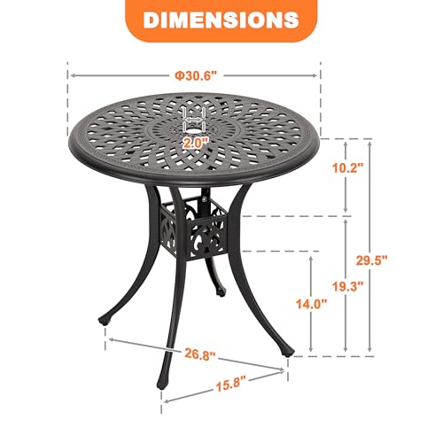 NUU GARDEN 30 Inch Patio Dining Table, Cast Aluminum Round Outdoor Table with Umbrella Hole for Patio, Backyard, Deck-Black - Thumbnail 3